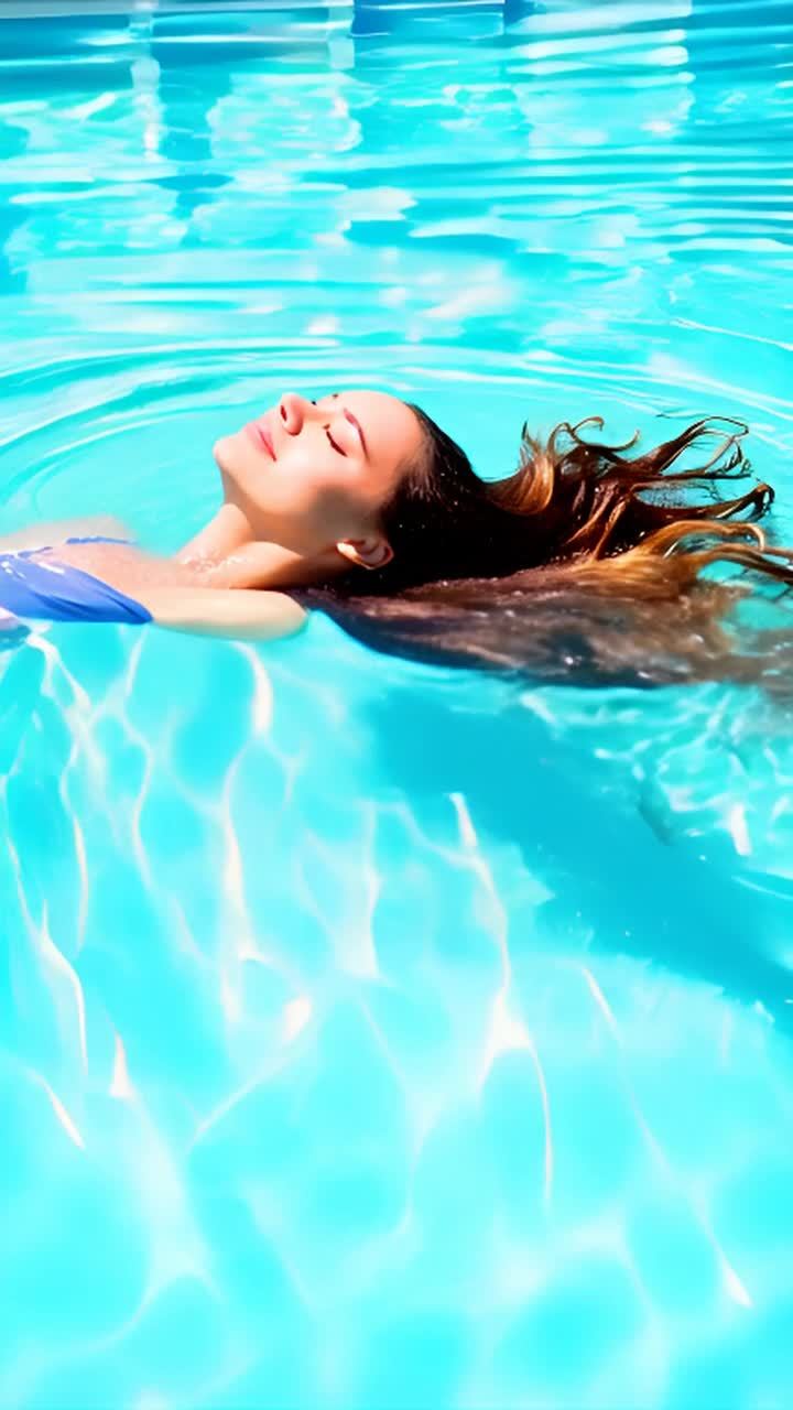 一名女子漂浮在清澈的碧蓝色水池中。水面轻轻荡漾，形
