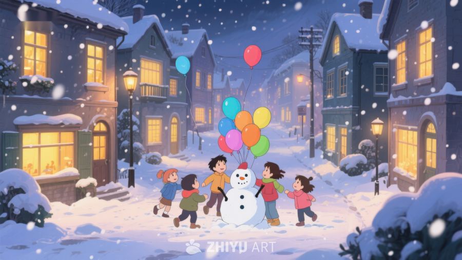 冬夜雪地儿童与雪人 104