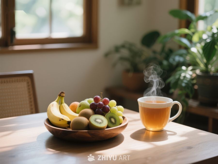 水果盘与热茶的温馨早晨 561