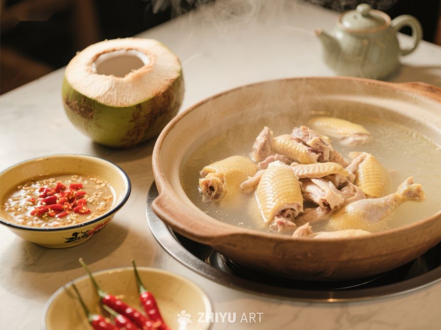 椰子鸡汤热气腾腾，佐料丰富 830