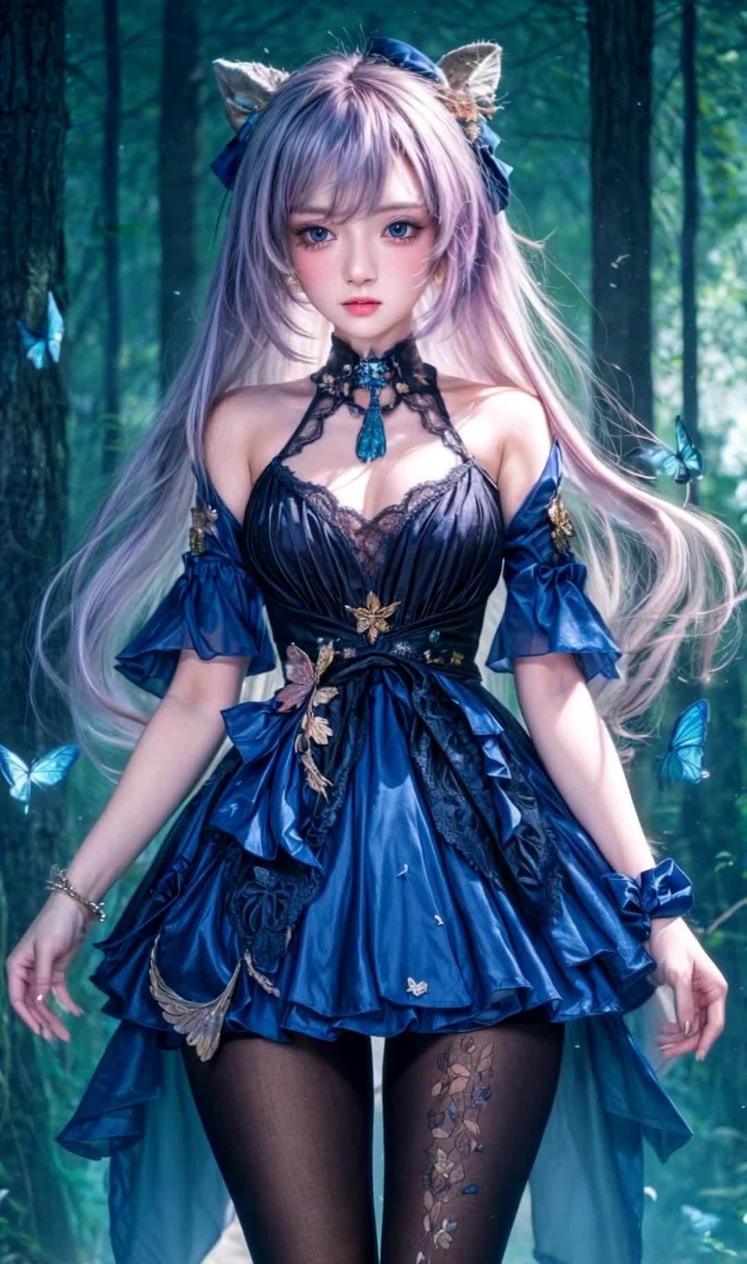 一位年轻女性，穿着蓝色的礼服，站在树林里。她的长发