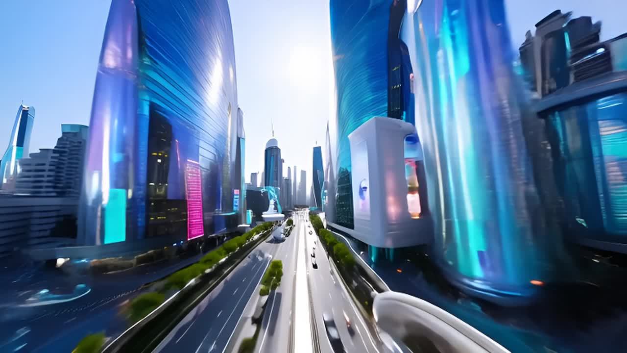 未来城市景观，拥有先进的摩天大楼和由人工智能驱动的