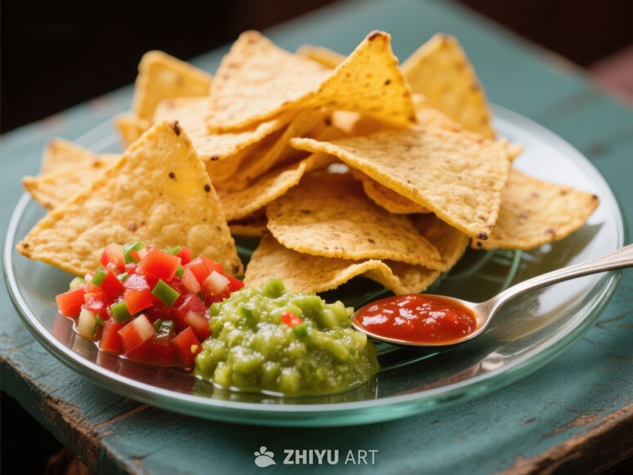 玉米片配莎莎酱和鳄梨酱