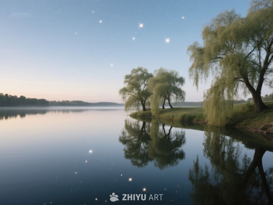 湖畔夜景，星光与柳树倒影 35