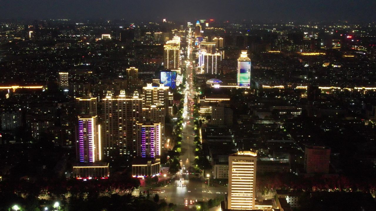 山东淄博城市夜景灯光交通航拍