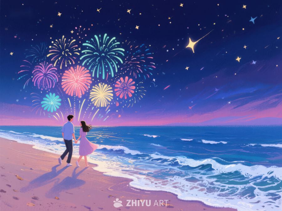 海边夜景烟花下的情侣 250