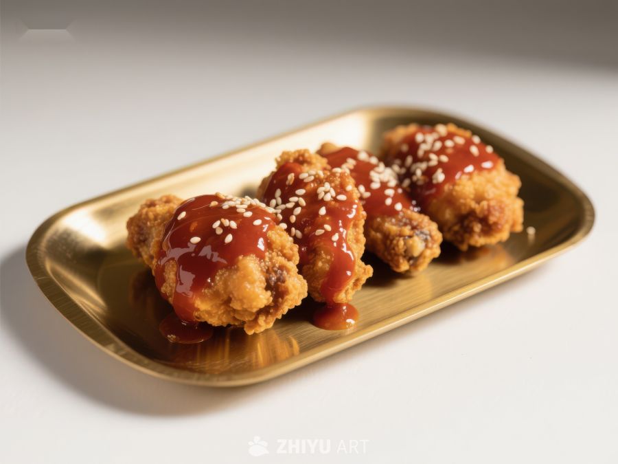酱汁鸡块配芝麻，金盘盛放 232