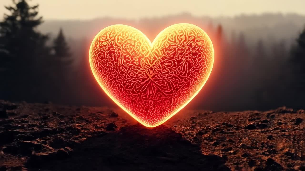 一个发光的心形物体位于贫瘠的地面上，心形物体呈现出