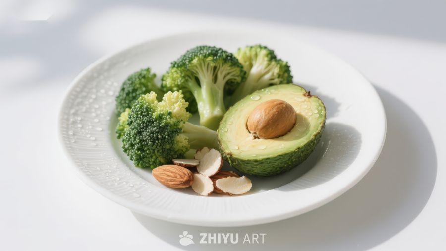 盘中西兰花牛油果坚果