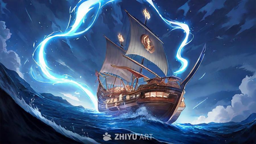 黑暗的海面上，一艘船形的闪电在飞过。这艘船拥有风帆
