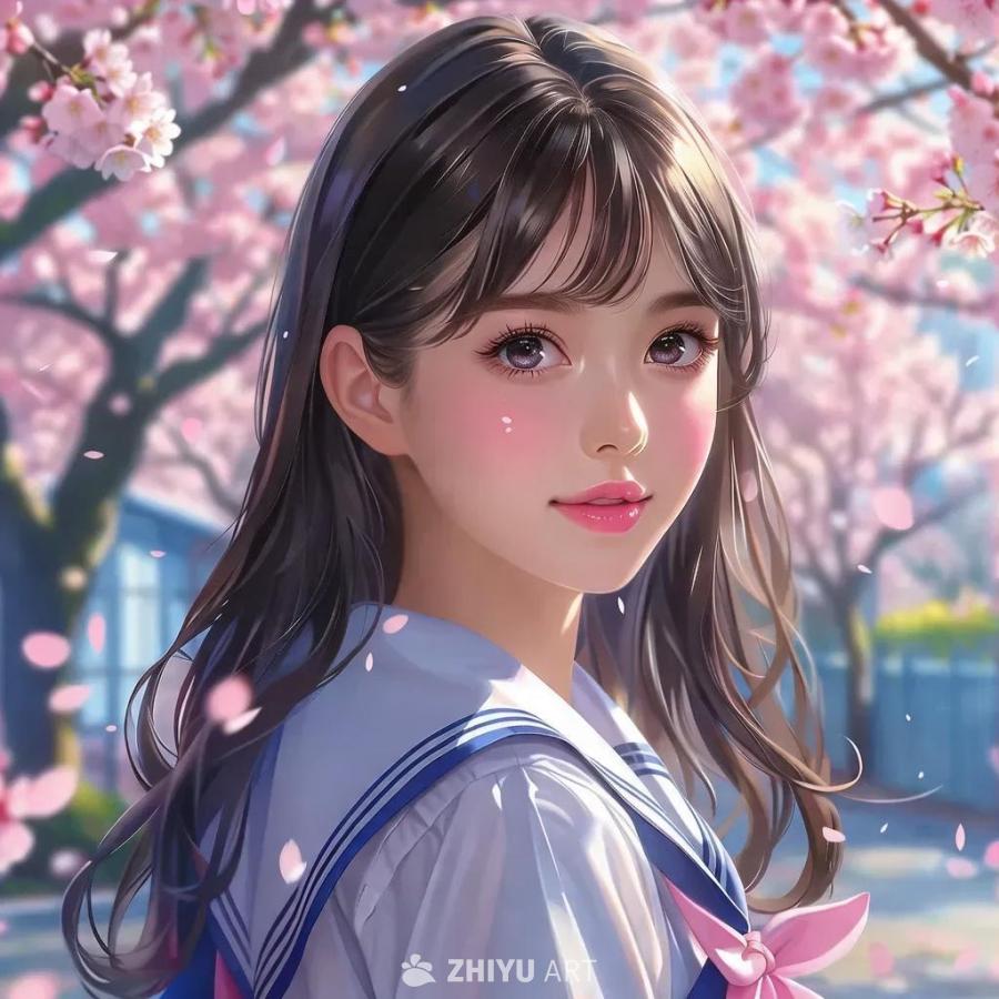一位穿着水手服的女学生，有着粉色的眼睛和闪亮的头发