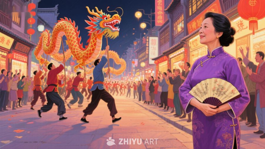 夜市舞龙表演，女子手持折扇观赏 1239