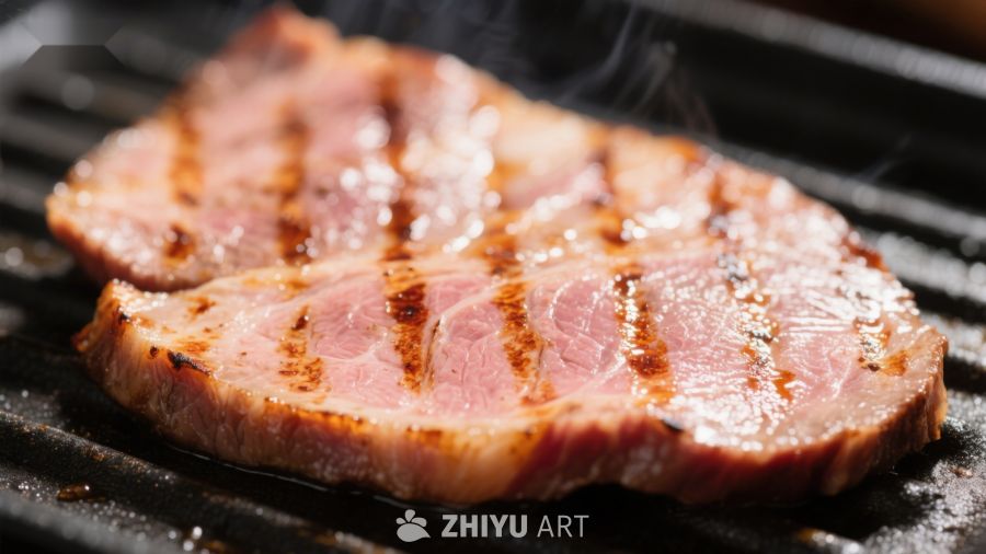 煎烤中的多汁牛排