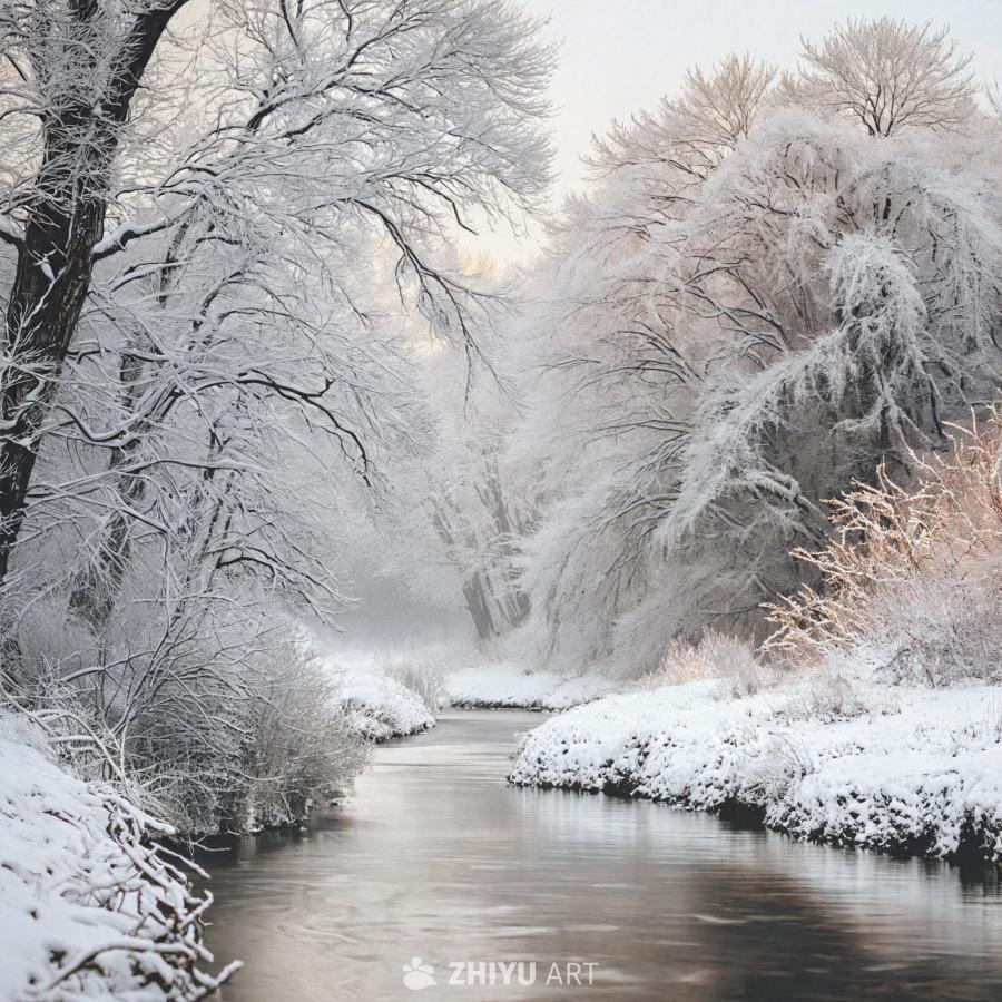 一条河流穿过白雪皑皑的冬季景观。河流周围环绕着树木