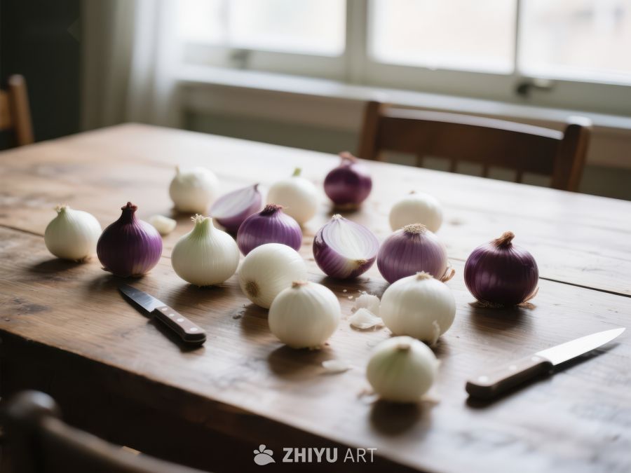 木桌上的洋葱与刀具 263
