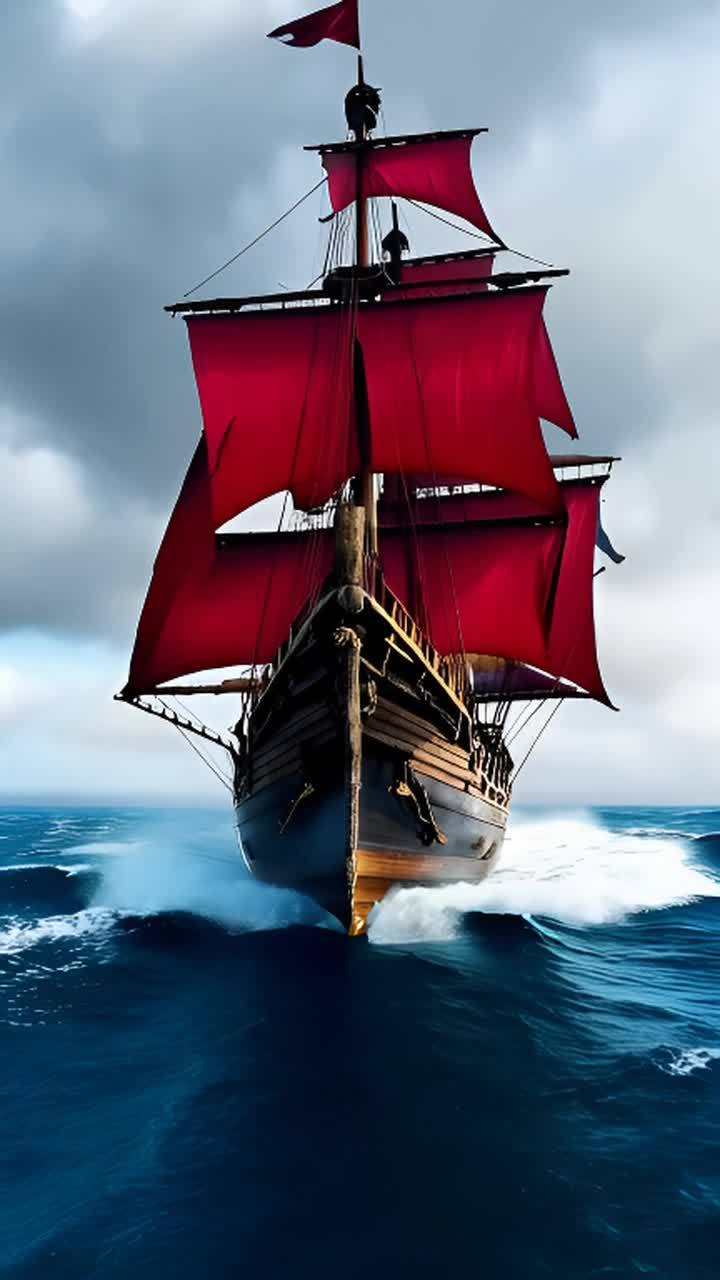 一艘红帆海盗船在波涛汹涌的海面上航行，船首下方翻起