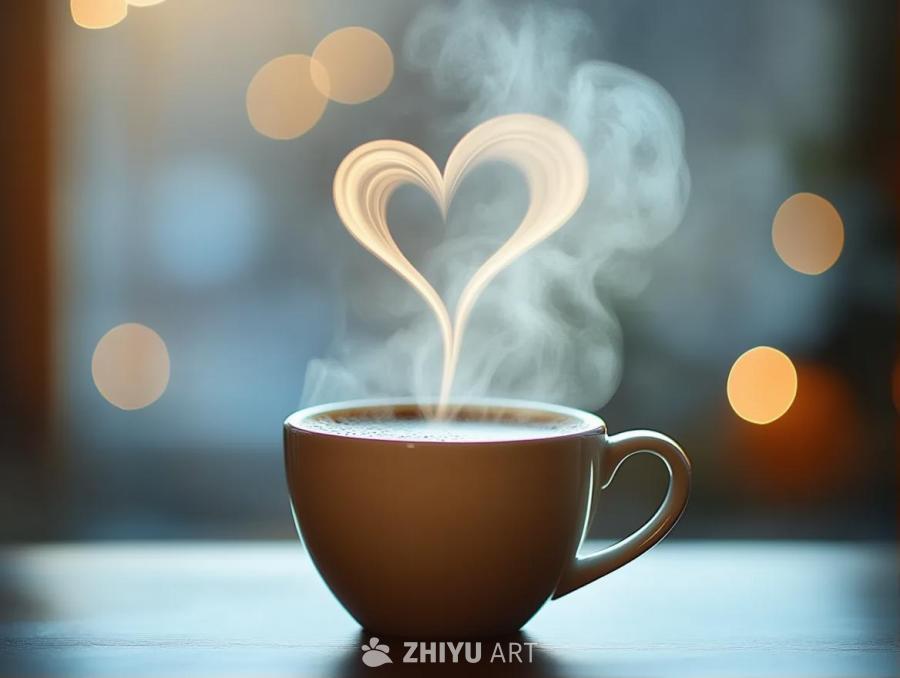 一杯热咖啡，杯中冉冉升起的热气呈现出心型烟雾状，背