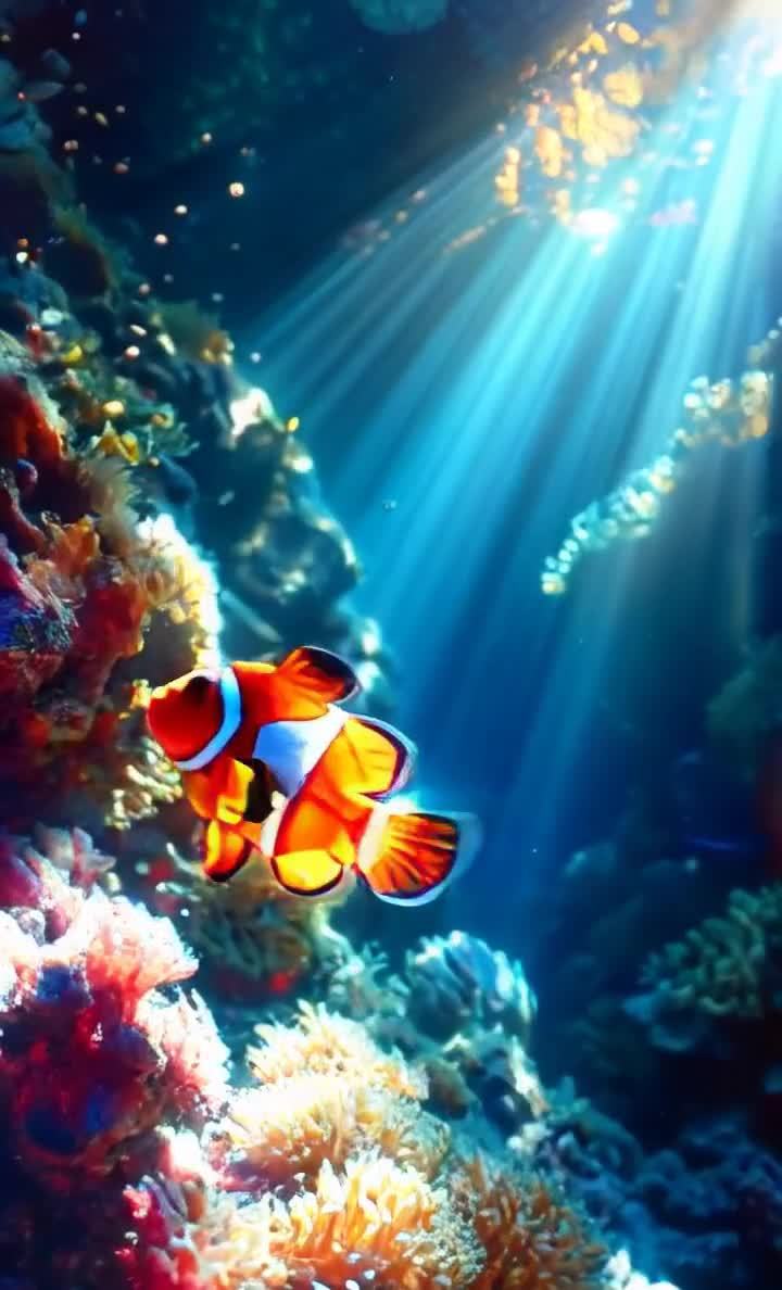 小丑鱼与珊瑚礁，阳光照耀下的海底世界