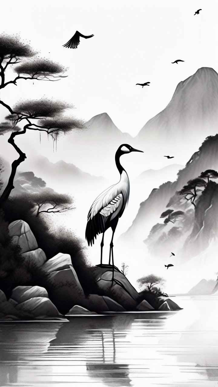 国风山水鹤插画背景 70