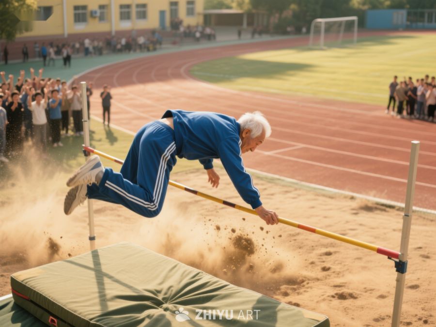 老人在田径场进行跳高训练 545