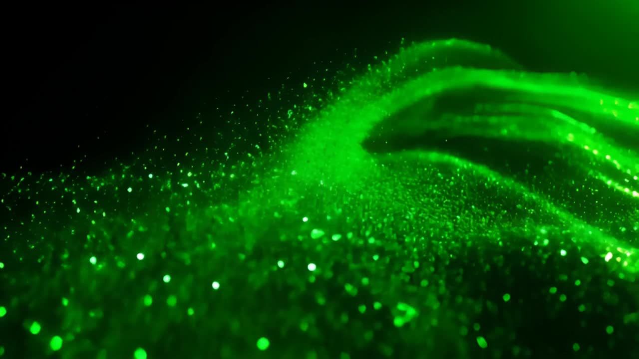 绿色闪光颗粒波动：一串绿色的闪光颗粒在空中倾泻而下。这些闪光颗粒闪烁着舞动，随着它们分散开来。动态运动，鲜艳的绿色调，超凡脱俗的氛围。