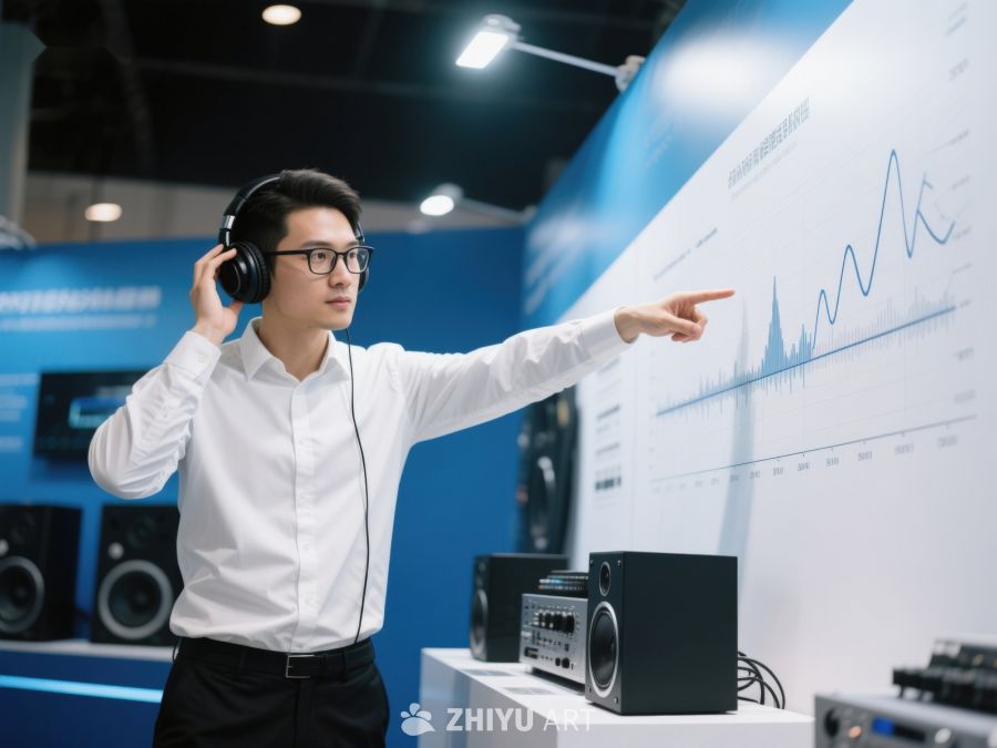 男子佩戴耳机指向音频波形图 262