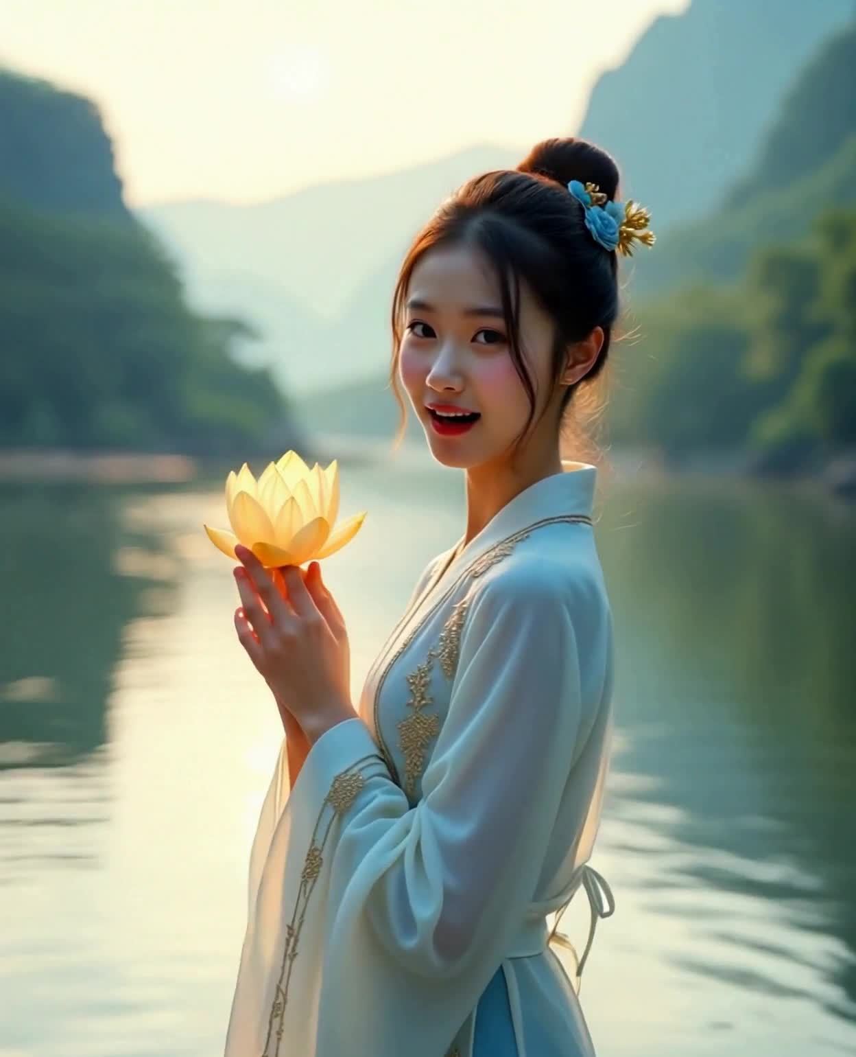 手捧莲花的汉服少女，河畔微笑风景如画。