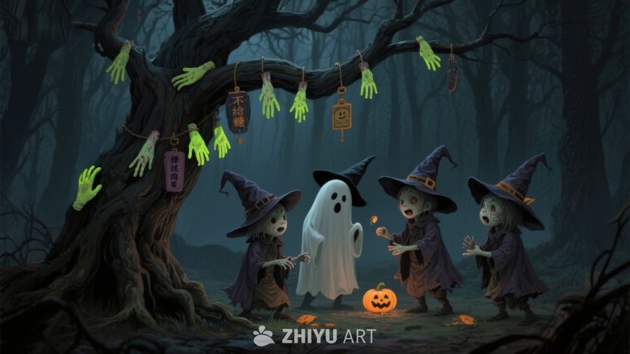 万圣节夜晚的魔法森林