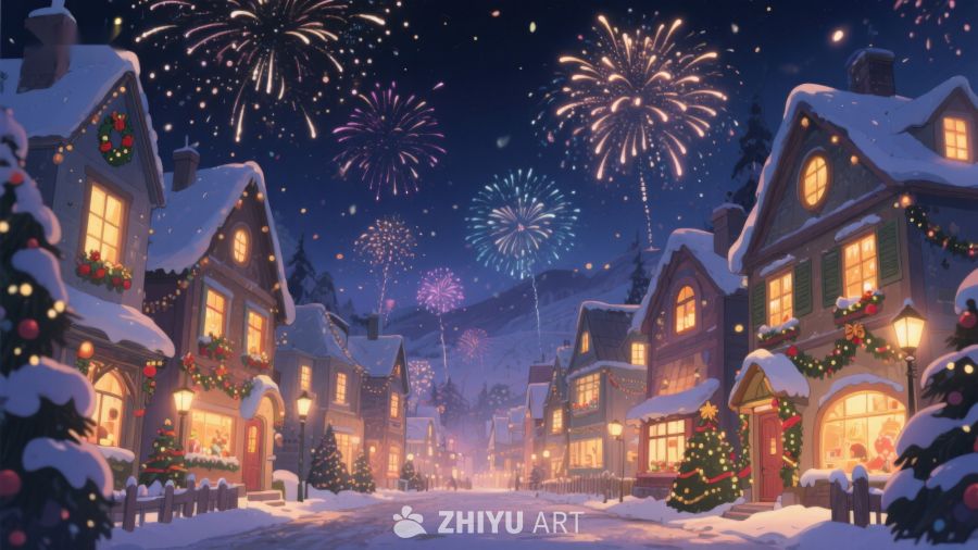 雪夜小镇的节日烟花 435