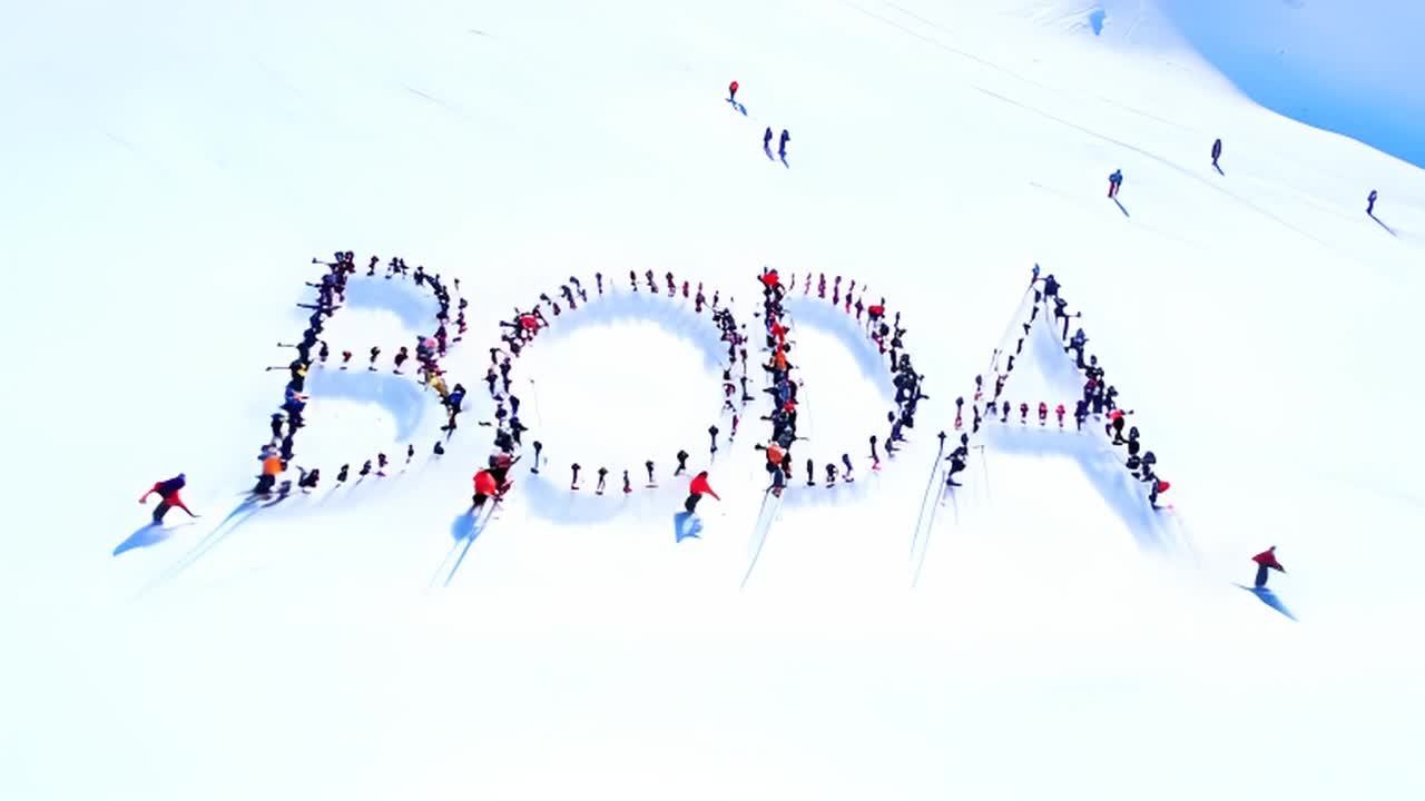 雪坡上有很多滑雪者，他们以队形滑雪，拼出了“BOD