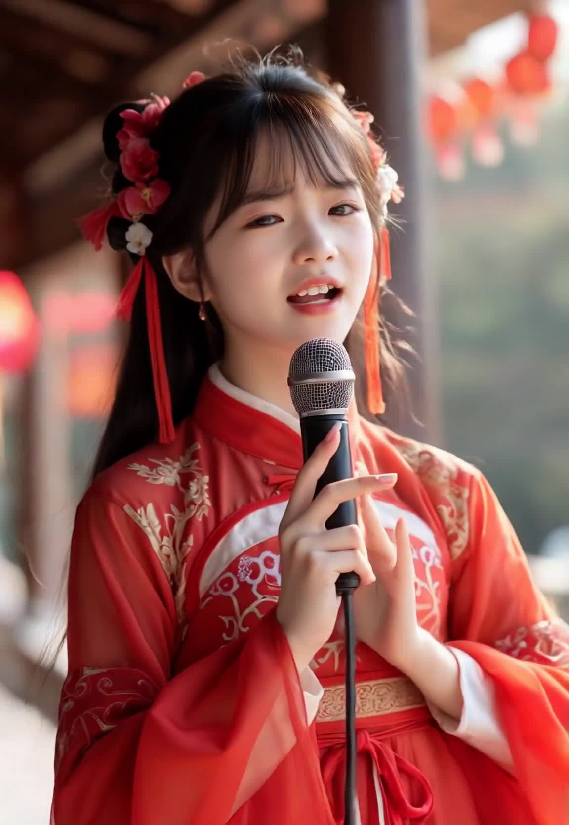 一个年轻的女性，穿着红色汉服，头发自然飘动。她头戴