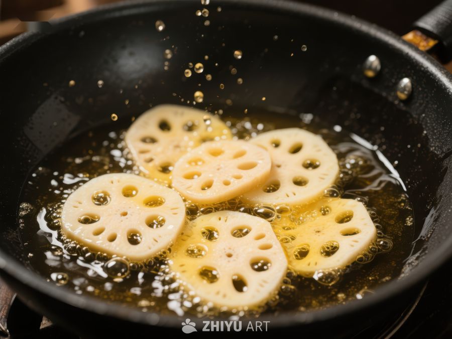莲藕片在锅中油炸 357