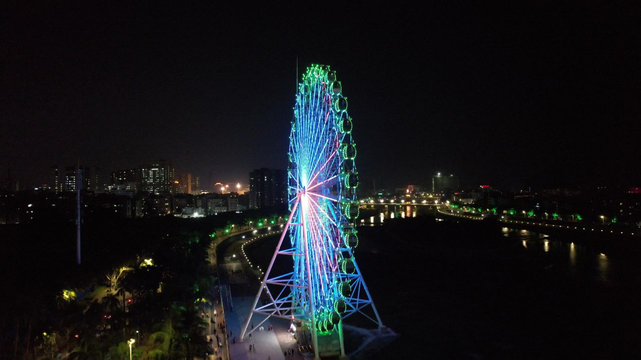 广东茂名城市夜景交通航拍