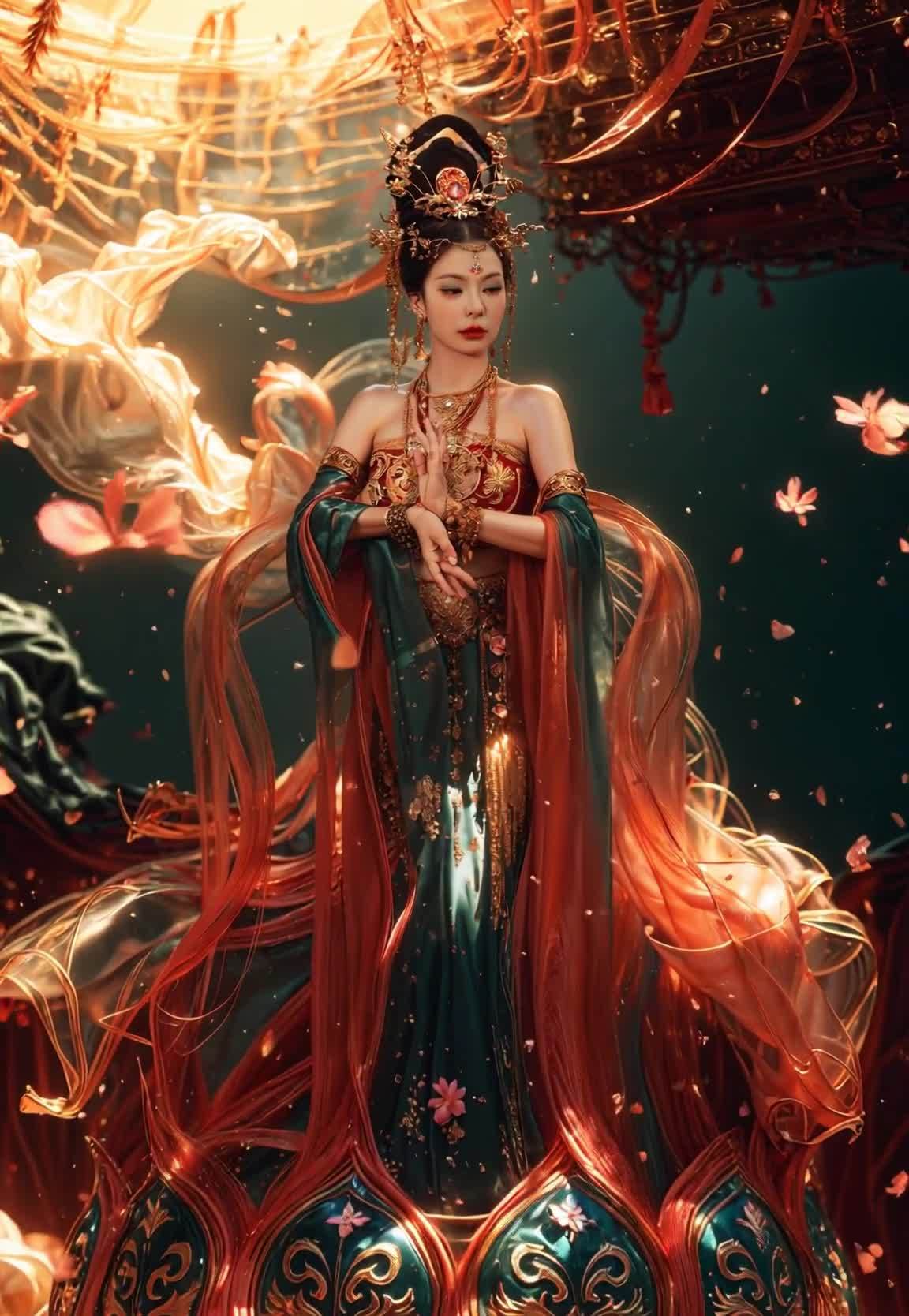 华服仕女莲花台，金光环绕花瓣飘舞。