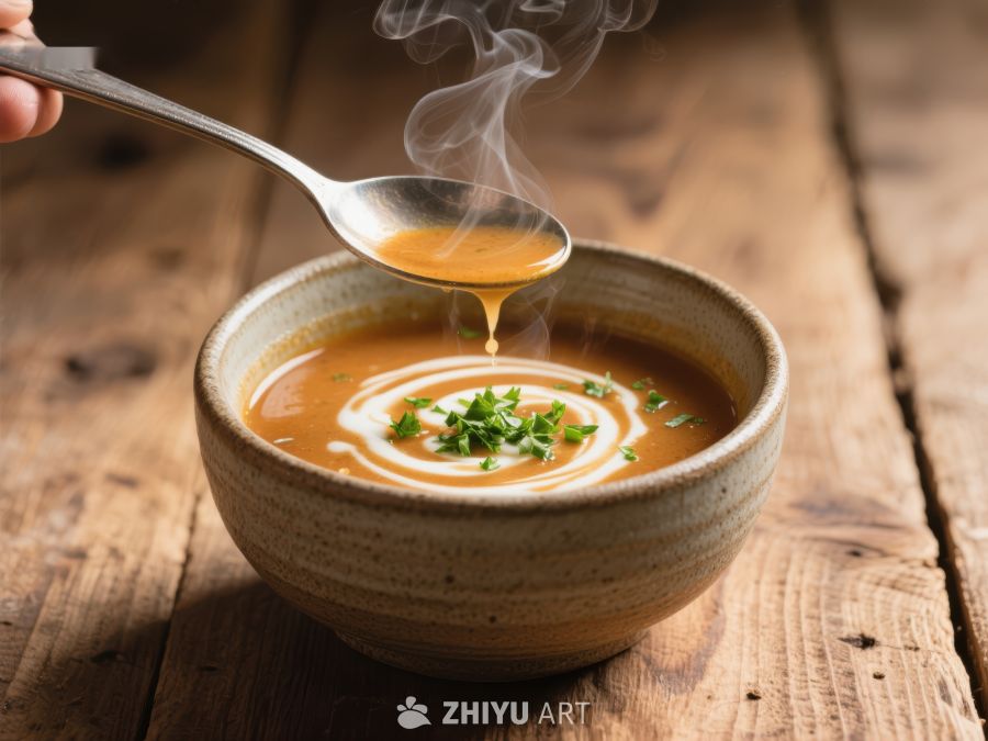 热腾腾的奶油汤盛在陶瓷碗中 986