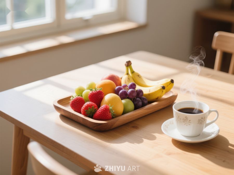 早餐水果与热饮的温馨场景 793