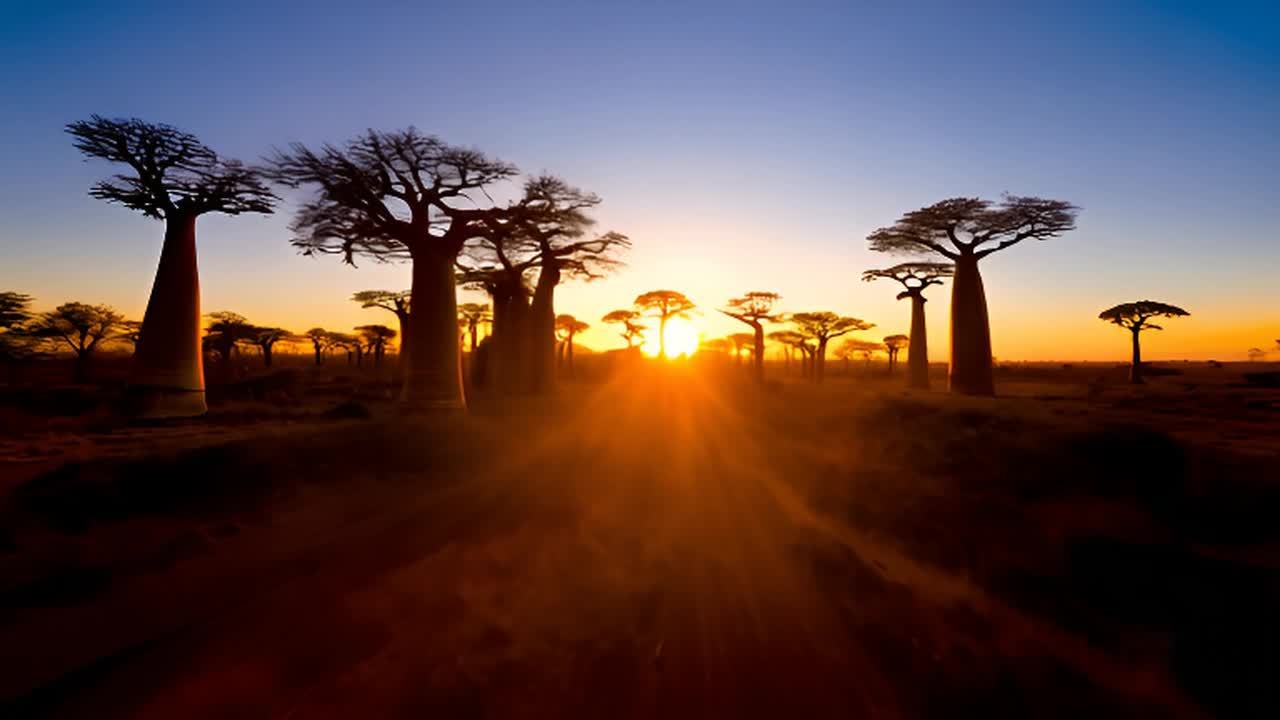 夕阳西下，地平线上升起的光芒穿过树木，照亮了马达加