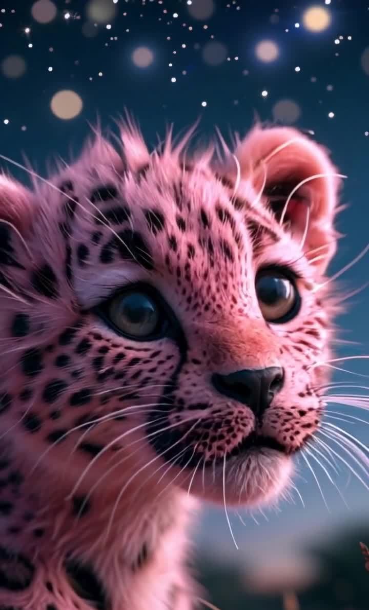 粉色豹子特写：棕眼粉毛黑斑，蓝背景星光点点