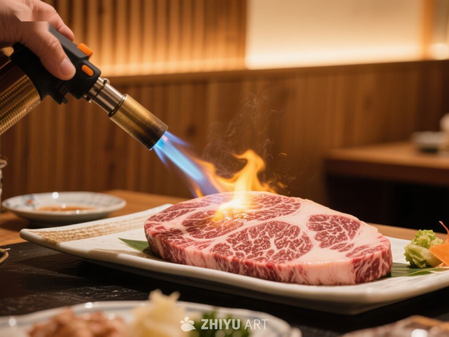 火焰炙烤牛肉，精致料理瞬间