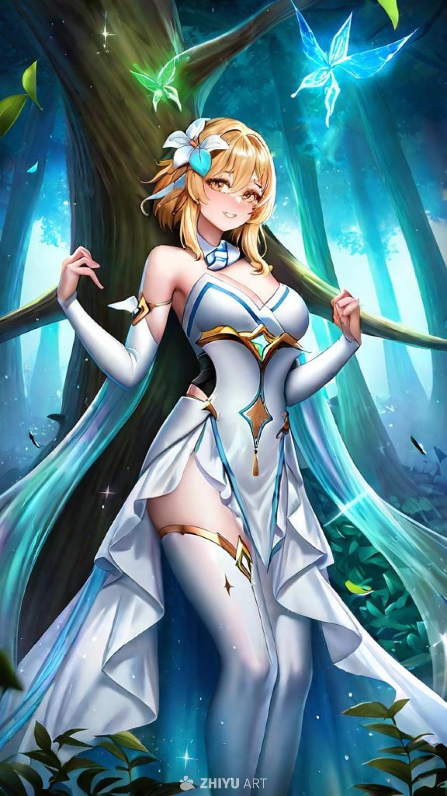 一位穿着白色礼服的女性站在森林中，她的金色头发上戴