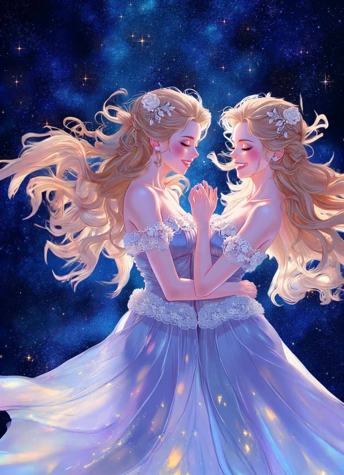 两位金发女子身穿淡紫色蕾丝礼服，站在一个深蓝色、星