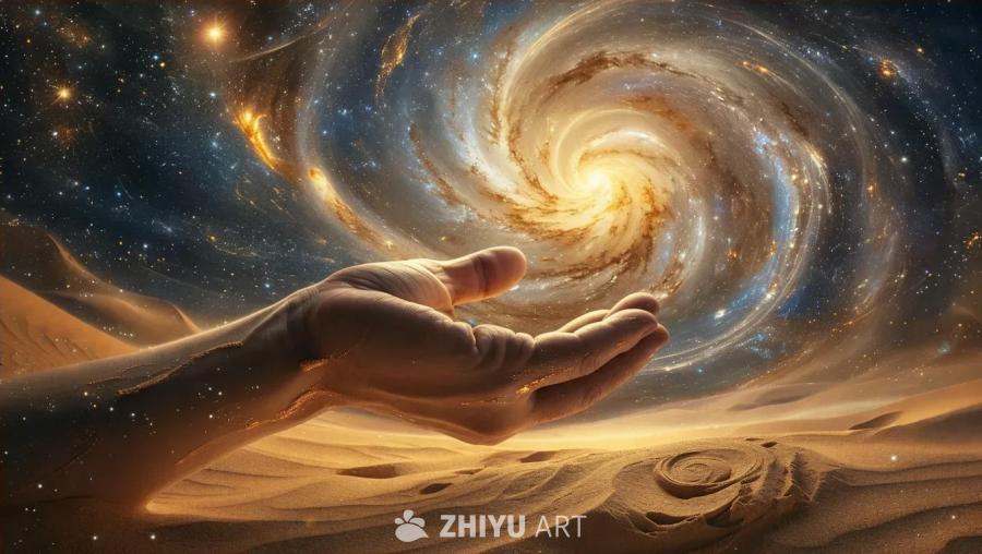 一只手在沙丘背景下，似乎正在塑造一个人形。背景中是