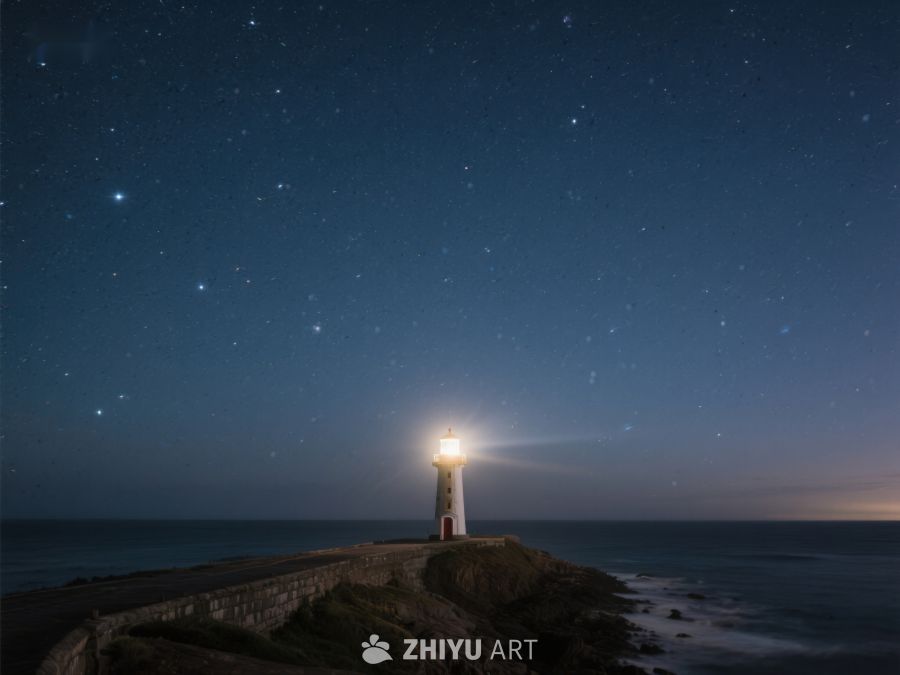 夜空下的灯塔照亮海岸 304