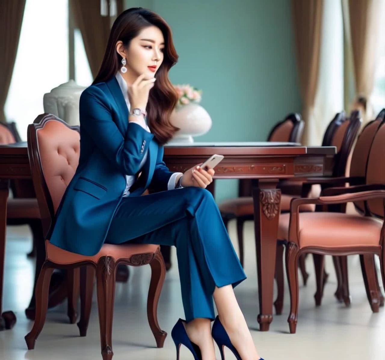 一位身穿蓝色西装套装的亚洲女性坐在椅子上，她穿着白