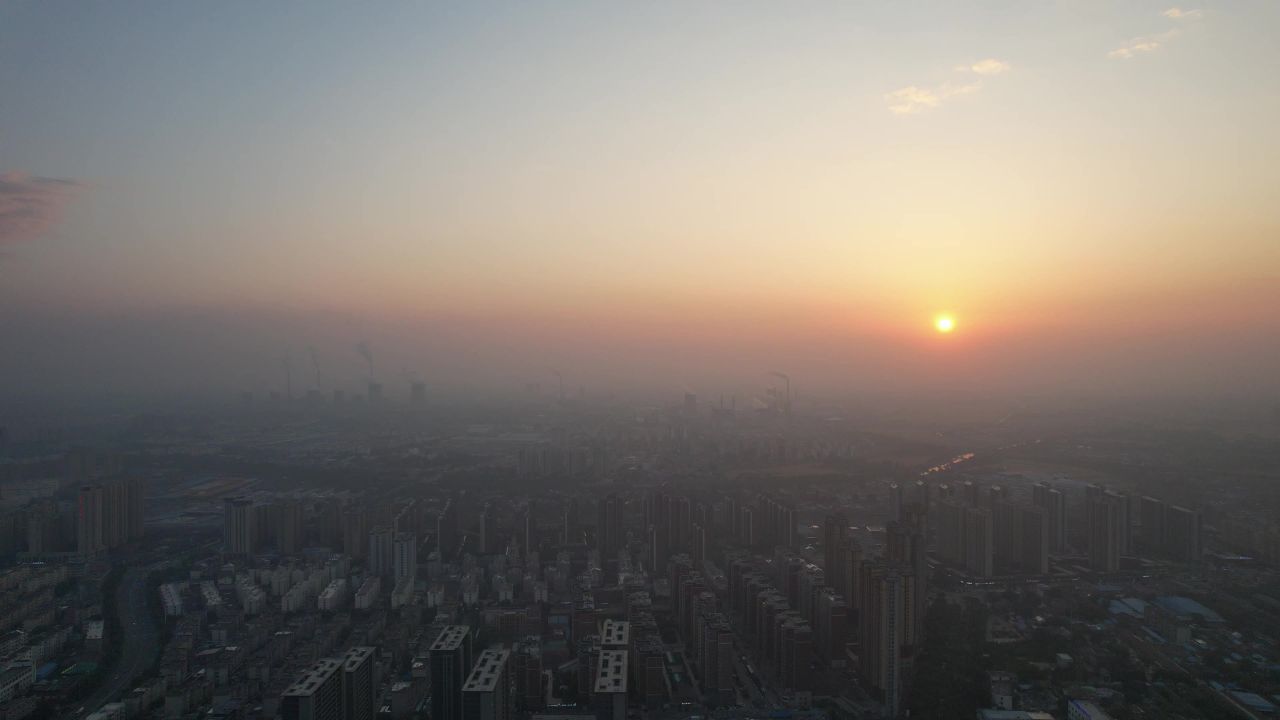 城市日落晚霞夕阳自然风光航拍  