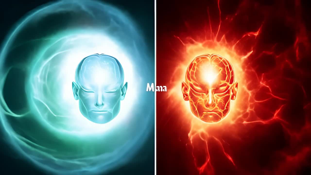 图像是一个分屏的静态镜头。左半部分描绘了一个平静的