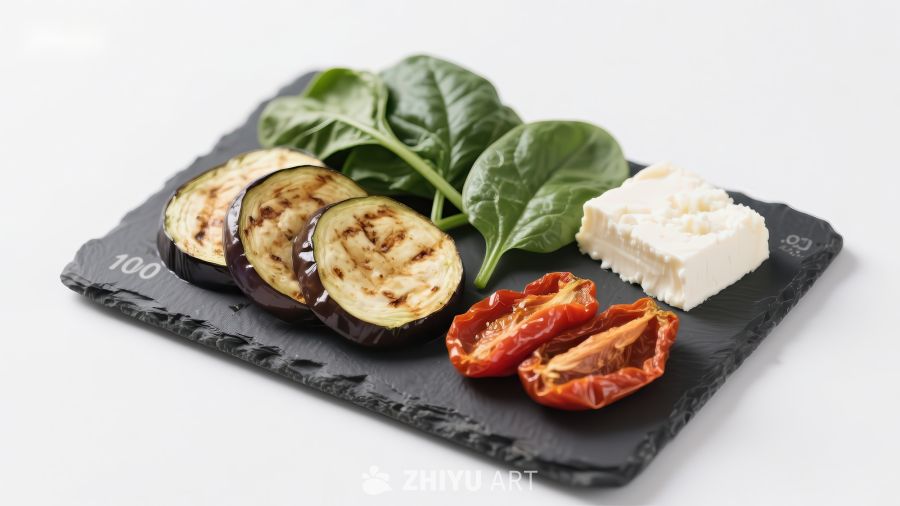 烤茄子配菠菜、番茄干和羊乳酪