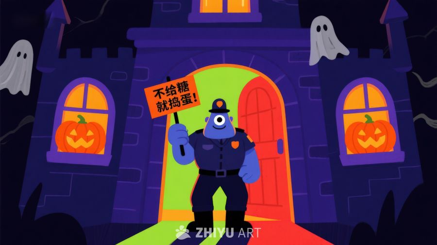 万圣节怪物手持标语站在鬼屋前