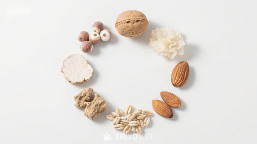 各类坚果与食材的圆形排列