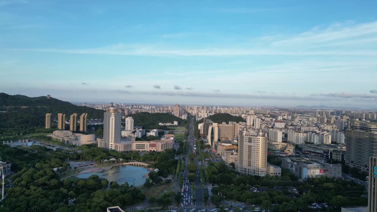 航拍台州市民广场水景公园